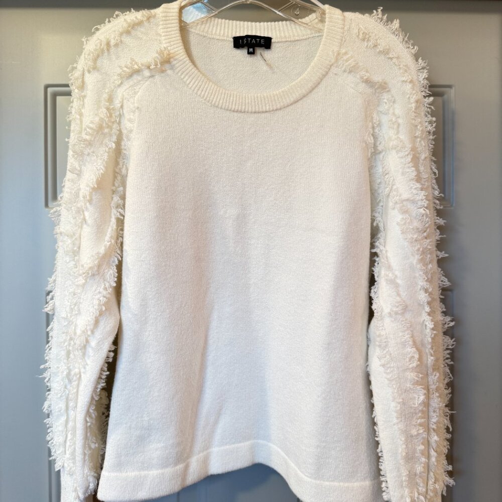1. STATE White Textured Sweater – Size Medium – Cozy Fringe Sleeve Pullover